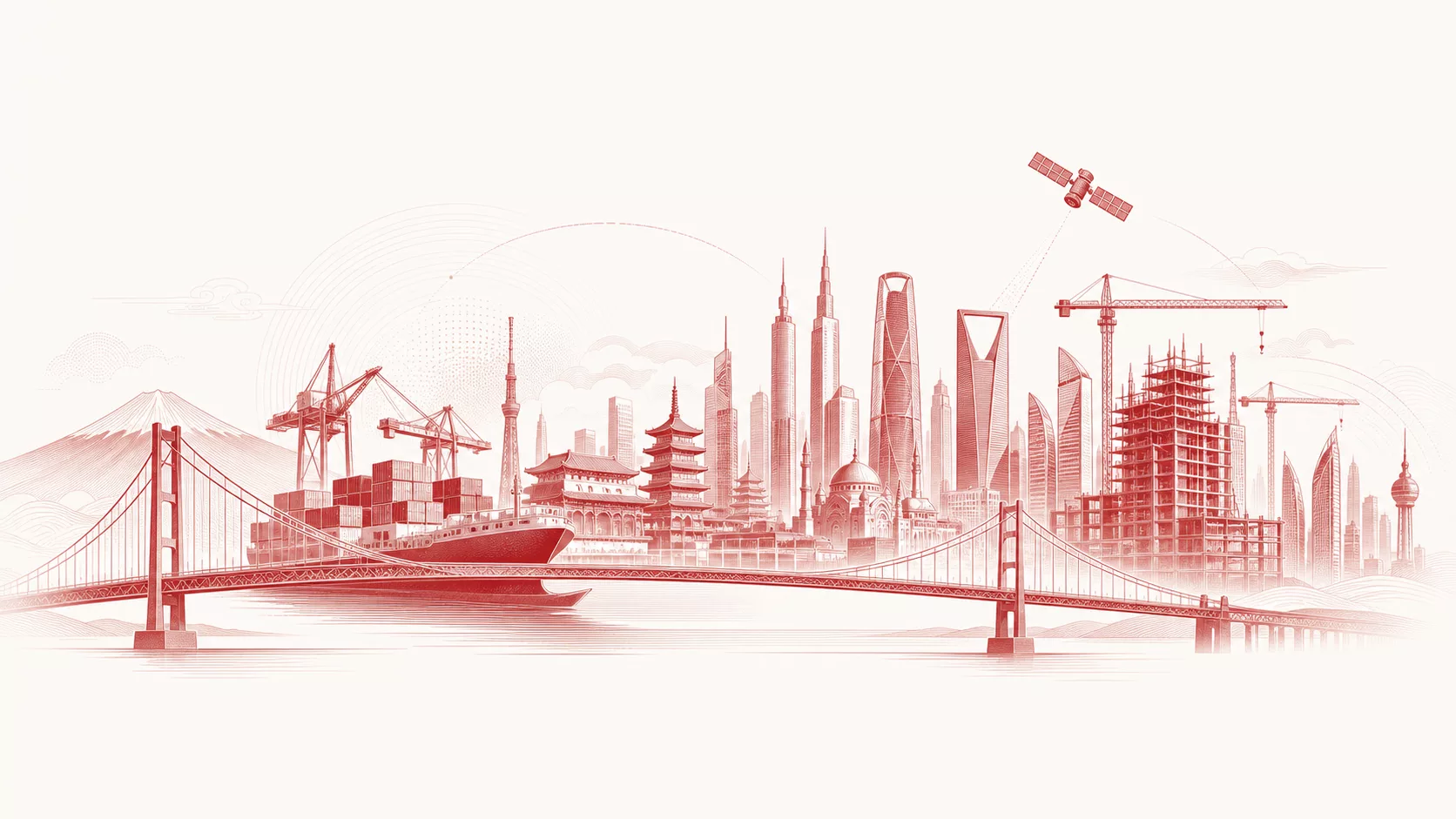 Infrastructure — cranes, bridge and satellite over a skyline
