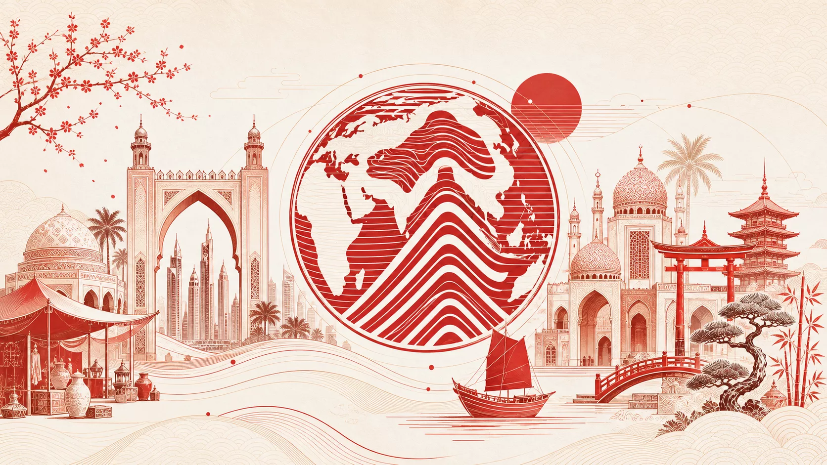 Japan and GCC cultural corridor illustration in refined red linework