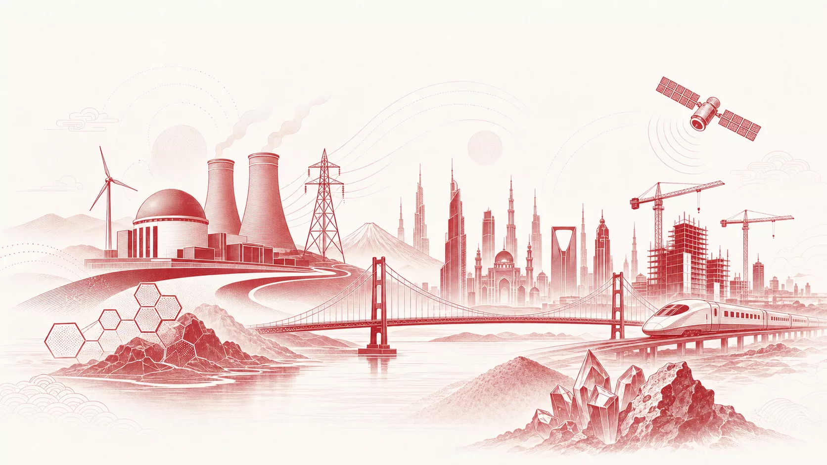 Energy, infrastructure, and strategic mandate illustration in NCC crimson linework